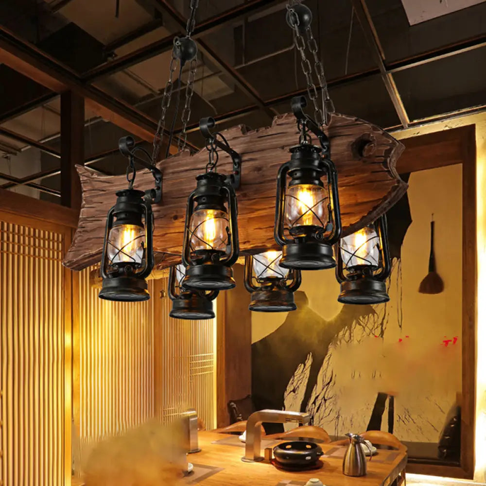 Coastal Black Kerosene Chandelier with Clear Glass and Wood Fish - 6 Heads for Restaurant Pendant Lighting