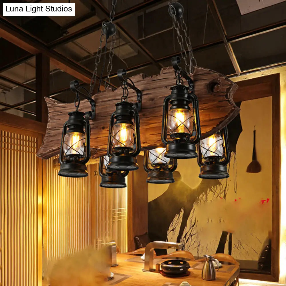 Coastal Black Kerosene Chandelier with Clear Glass and Wood Fish - 6 Heads for Restaurant Pendant Lighting