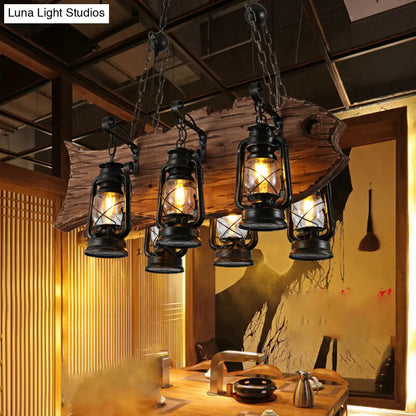 Coastal Black Kerosene Chandelier with Clear Glass and Wood Fish - 6 Heads for Restaurant Pendant Lighting