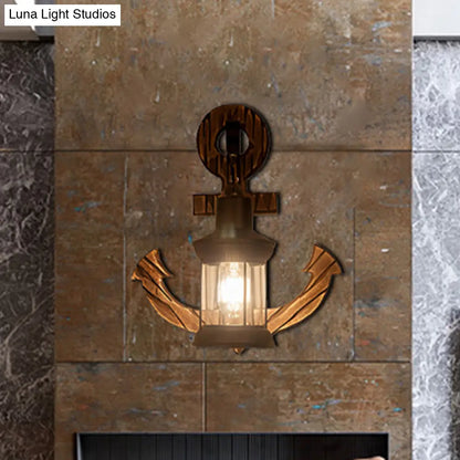 Aplique de pared interior Coastal Black Kerosene con cristal transparente y placa trasera de madera - Lámpara de pared para una bombilla