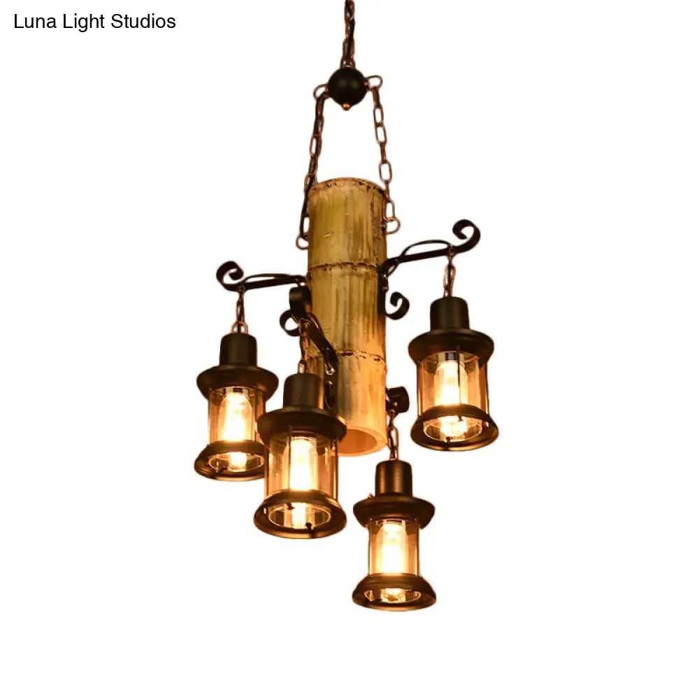 Coastal Black Pendant Chandelier with Clear Glass/Marble and Bamboo Shelf