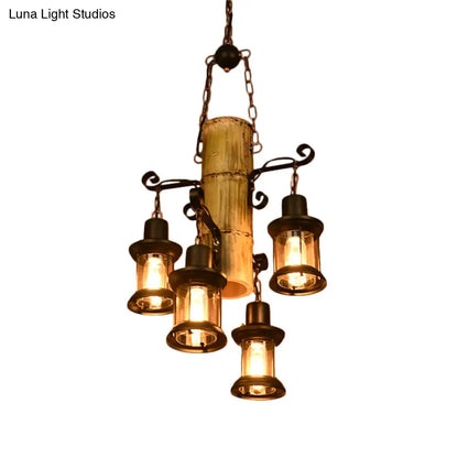 Coastal Black Pendant Chandelier with Clear Glass/Marble and Bamboo Shelf