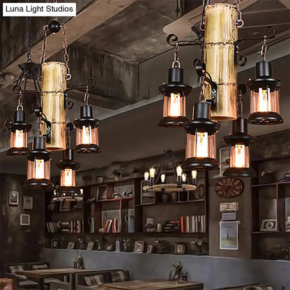 Coastal Black Pendant Chandelier with Clear Glass/Marble and Bamboo Shelf