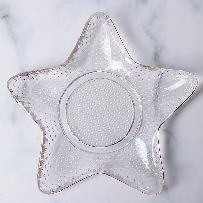 Clear glass star-shaped dish plate saucer with gold trim and textured surface for coastal blue glass seashell snack set