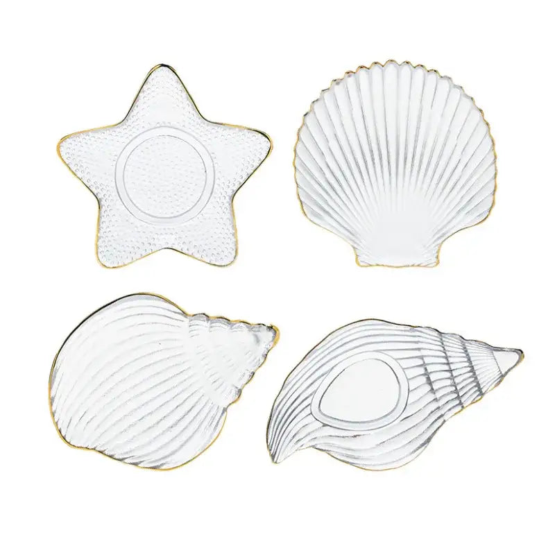 Coastal blue glass dish plate saucer set with clear glass star and seashell shapes with gold-trimmed edges