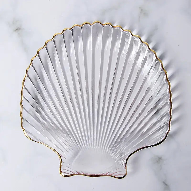 Clear glass seashell-shaped dish plate saucer with gold rim for coastal blue glass dining room snack set