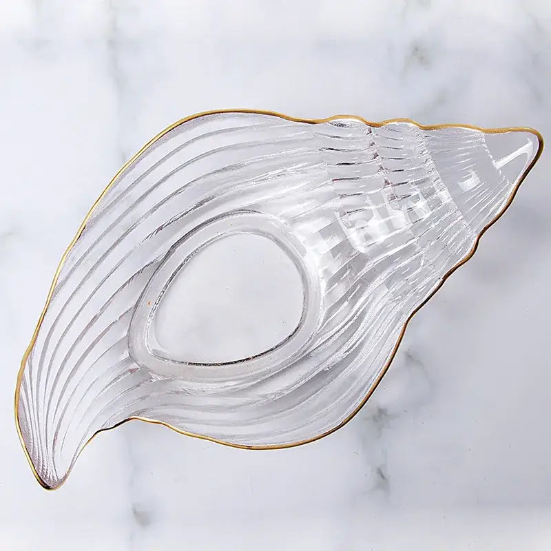 Clear glass seashell dish plate saucer with gold trim and ribbed texture from coastal blue snack set