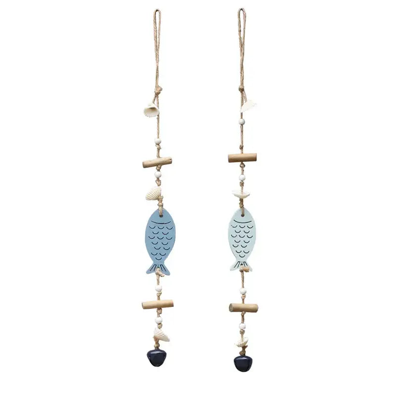 Pair of coastal blue and white fish drift wood bells with natural dowels beads seashells and stones for living room decor