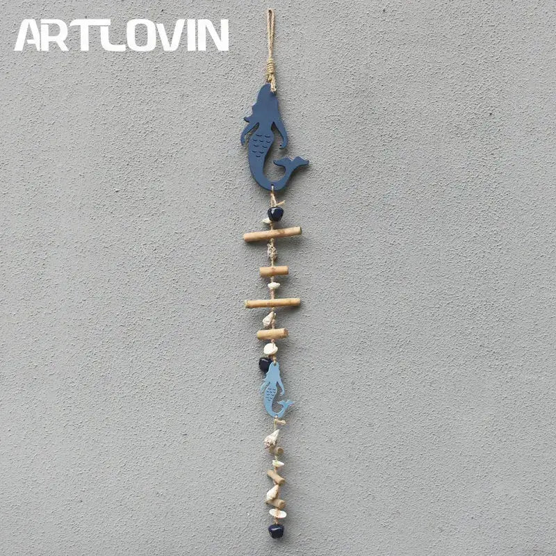 Coastal blue and white fish drift wood bells with wooden sticks shells and beads for living room wall decor