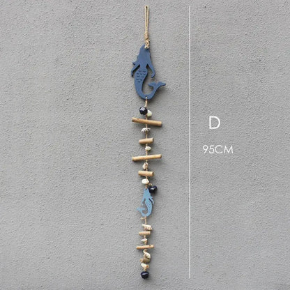 Coastal blue mermaid-shaped drift wood bells with natural bamboo sticks and black beads for living room wall decor