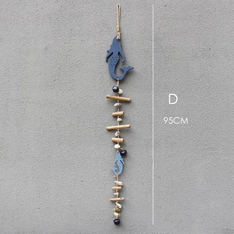Coastal blue mermaid-shaped drift wood bells with natural bamboo sticks and black beads for living room wall decor