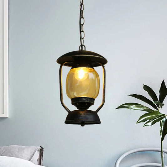 Coastal Brass/Bronze Metal Hanging Pendant Light with Yellow Glass - Kerosene Corridor Ceiling Lighting Fixture