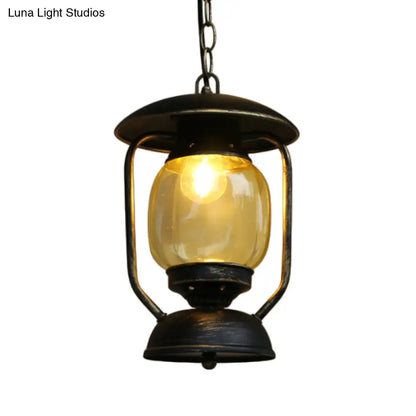 Coastal Brass/Bronze Metal Hanging Pendant Light with Yellow Glass - Kerosene Corridor Ceiling Lighting Fixture