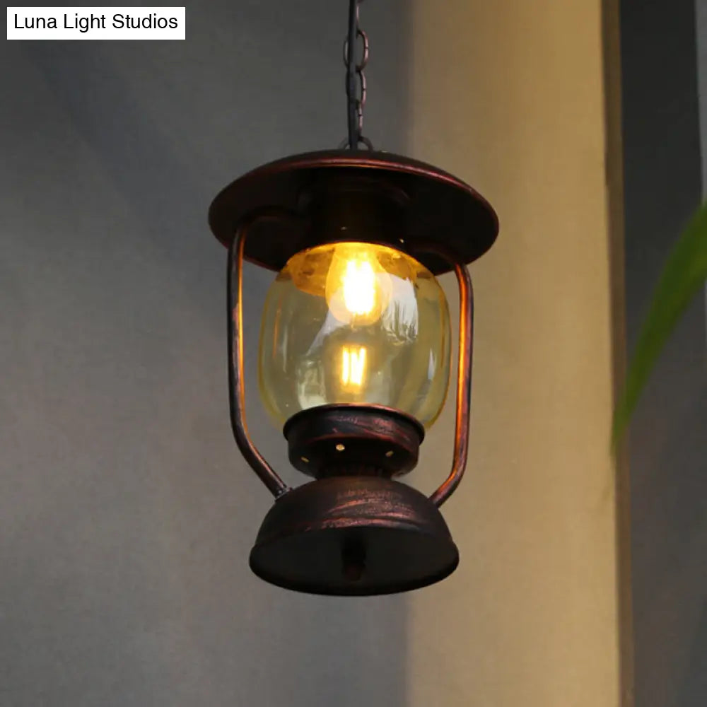 Coastal Brass/Bronze Metal Hanging Pendant Light with Yellow Glass - Kerosene Corridor Ceiling Lighting Fixture