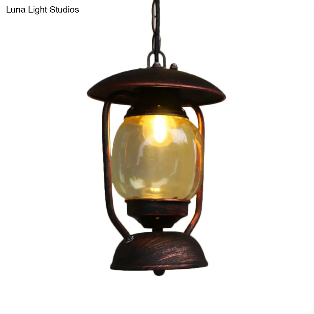 Coastal Brass/Bronze Metal Hanging Pendant Light with Yellow Glass - Kerosene Corridor Ceiling Lighting Fixture