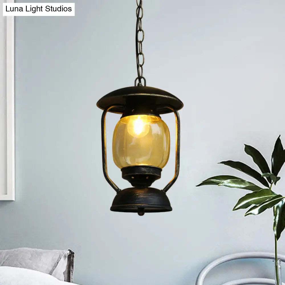 Coastal Brass/Bronze Metal Hanging Pendant Light with Yellow Glass - Kerosene Corridor Ceiling Lighting Fixture