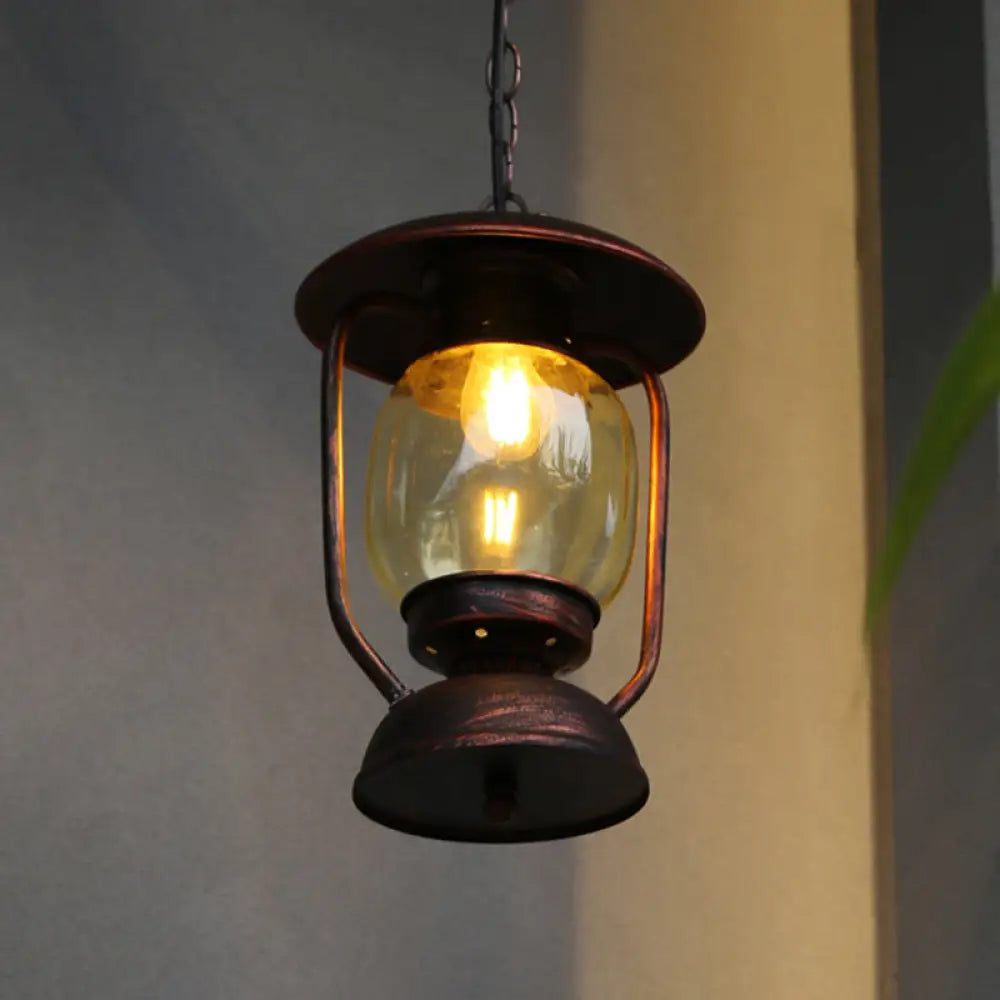 Coastal Brass/Bronze Metal Hanging Pendant Light with Yellow Glass - Kerosene Corridor Ceiling Lighting Fixture