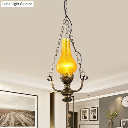 Coastal Brass Pendant Lamp with Yellow Crackle Glass Shade