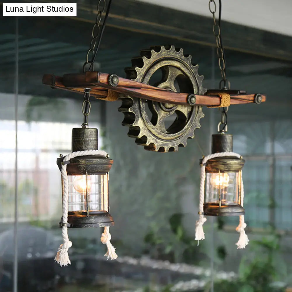 Coastal Bronze Hanging Chandelier: 2 Light Ceiling Light with Clear Glass & Kerosene Styling