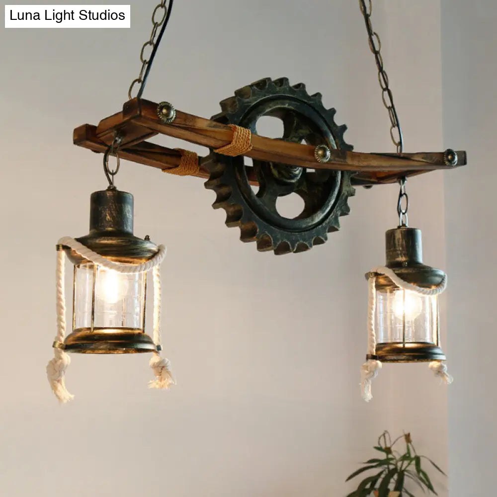 Coastal Bronze Hanging Chandelier: 2 Light Ceiling Light with Clear Glass & Kerosene Styling