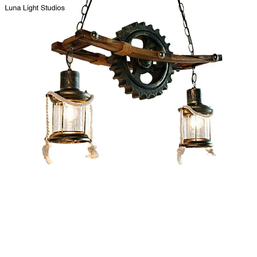 Coastal Bronze Hanging Chandelier: 2 Light Ceiling Light with Clear Glass & Kerosene Styling