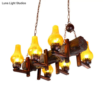 DecorBites™ Coastal Brown Island Pendant Lamp with Yellow Crackle Glass Vase Shade and Resin Linear Beam - 6 Heads