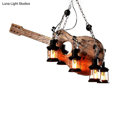 Coastal Brown Lantern Chandelier with Clear Glass and Wooden Accents - 6-Light Pendant Fixture for Living Room
