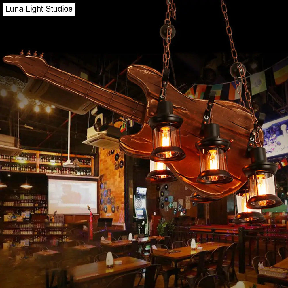 Coastal Brown Lantern Chandelier with Clear Glass and Wooden Accents - 6-Light Pendant Fixture for Living Room