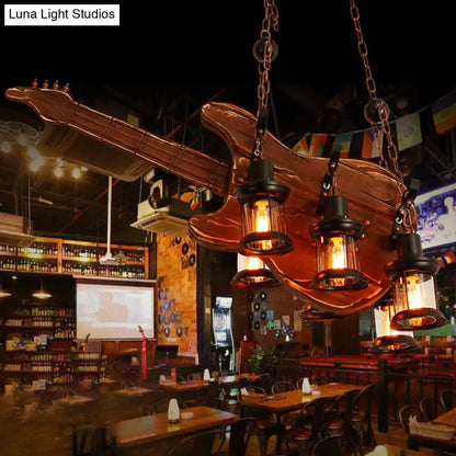 Coastal Brown Lantern Chandelier with Clear Glass and Wooden Accents - 6-Light Pendant Fixture for Living Room