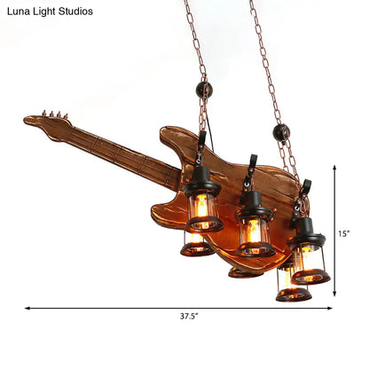 Coastal Brown Lantern Chandelier with Clear Glass and Wooden Accents - 6-Light Pendant Fixture for Living Room