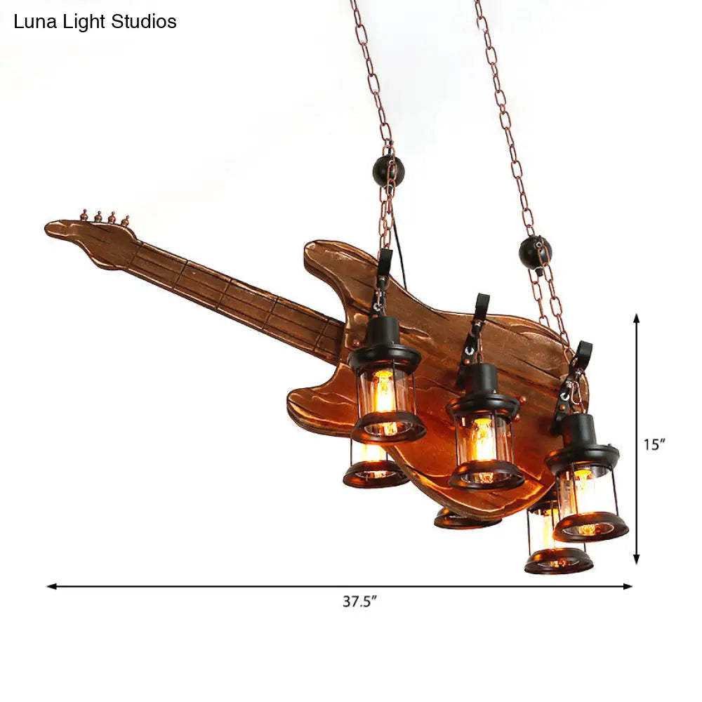 Coastal Brown Lantern Chandelier with Clear Glass and Wooden Accents - 6-Light Pendant Fixture for Living Room
