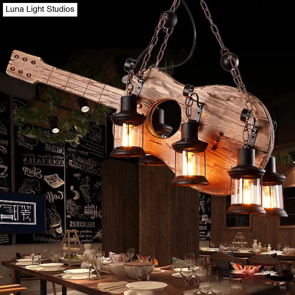 Coastal Brown Lantern Chandelier with Clear Glass and Wooden Accents - 6-Light Pendant Fixture for Living Room