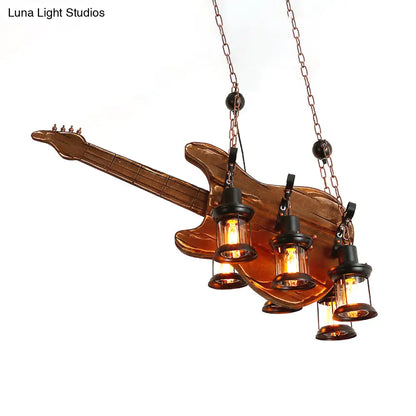 Coastal Brown Lantern Chandelier with Clear Glass and Wooden Accents - 6-Light Pendant Fixture for Living Room