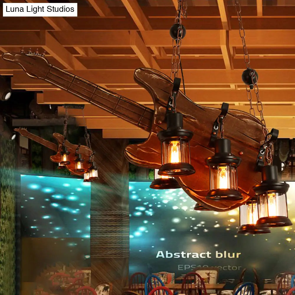 Coastal Brown Lantern Chandelier with Clear Glass and Wooden Accents - 6-Light Pendant Fixture for Living Room