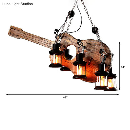 Coastal Brown Lantern Chandelier with Clear Glass and Wooden Accents - 6-Light Pendant Fixture for Living Room