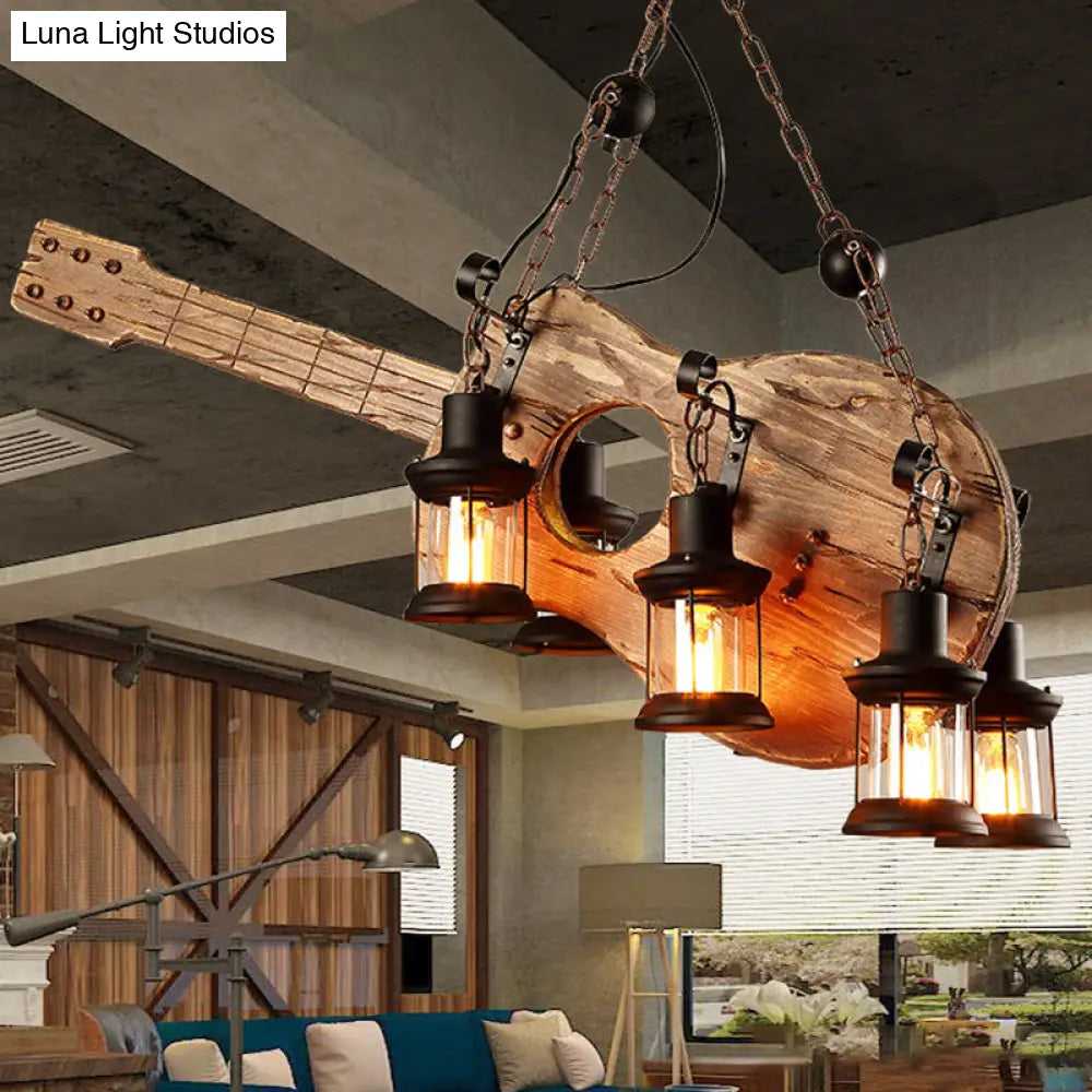 Coastal Brown Lantern Chandelier with Clear Glass and Wooden Accents - 6-Light Pendant Fixture for Living Room