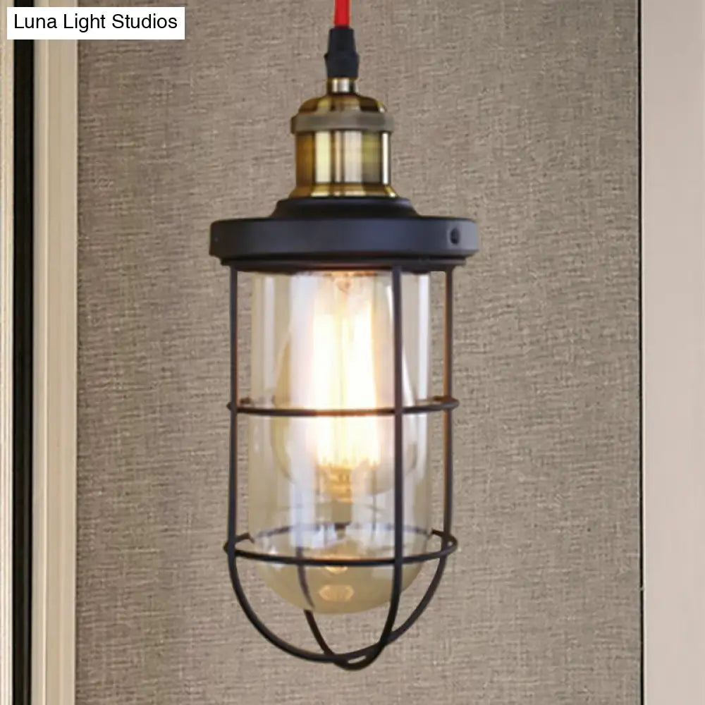 Coastal Caged Lantern Ceiling Pendant Light - Clear Glass Hanging Lamp for Coffee Shop in Black