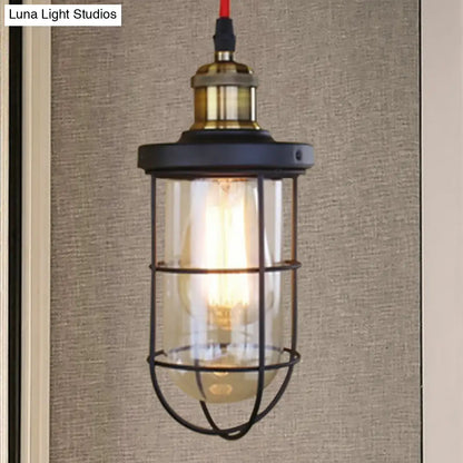 Coastal Caged Lantern Ceiling Pendant Light - Clear Glass Hanging Lamp for Coffee Shop in Black