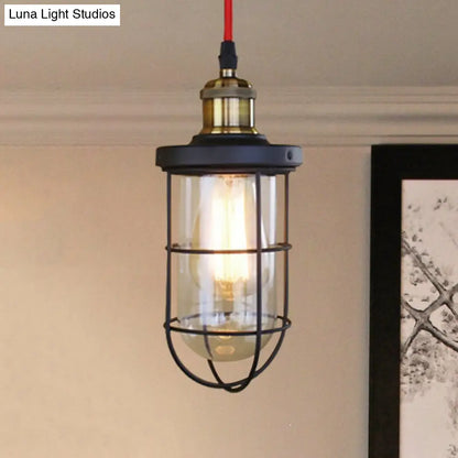 Coastal Caged Lantern Ceiling Pendant Light - Clear Glass Hanging Lamp for Coffee Shop in Black