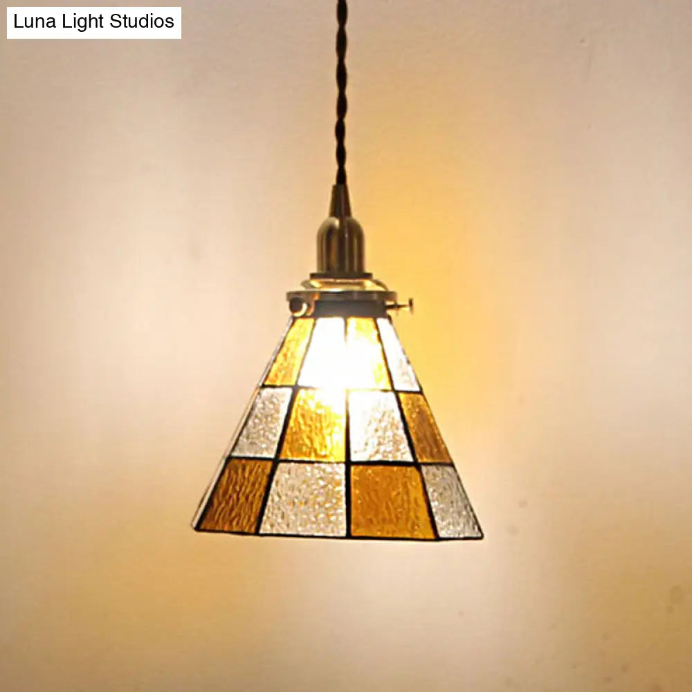 Coastal Checkered Pendant Lamp - Clear and Brown Mosaic Glass, Brass Finish