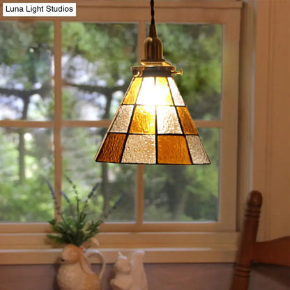 Coastal Checkered Pendant Lamp - Clear and Brown Mosaic Glass, Brass Finish