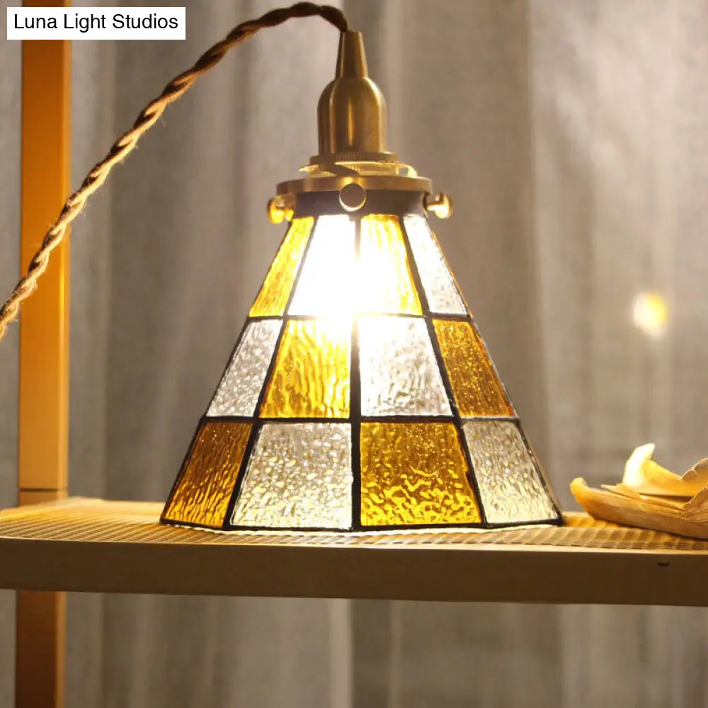 Coastal Checkered Pendant Lamp - Clear and Brown Mosaic Glass, Brass Finish