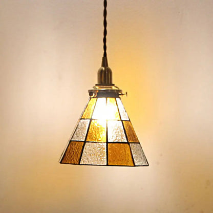 Coastal Checkered Pendant Lamp - Clear and Brown Mosaic Glass, Brass Finish