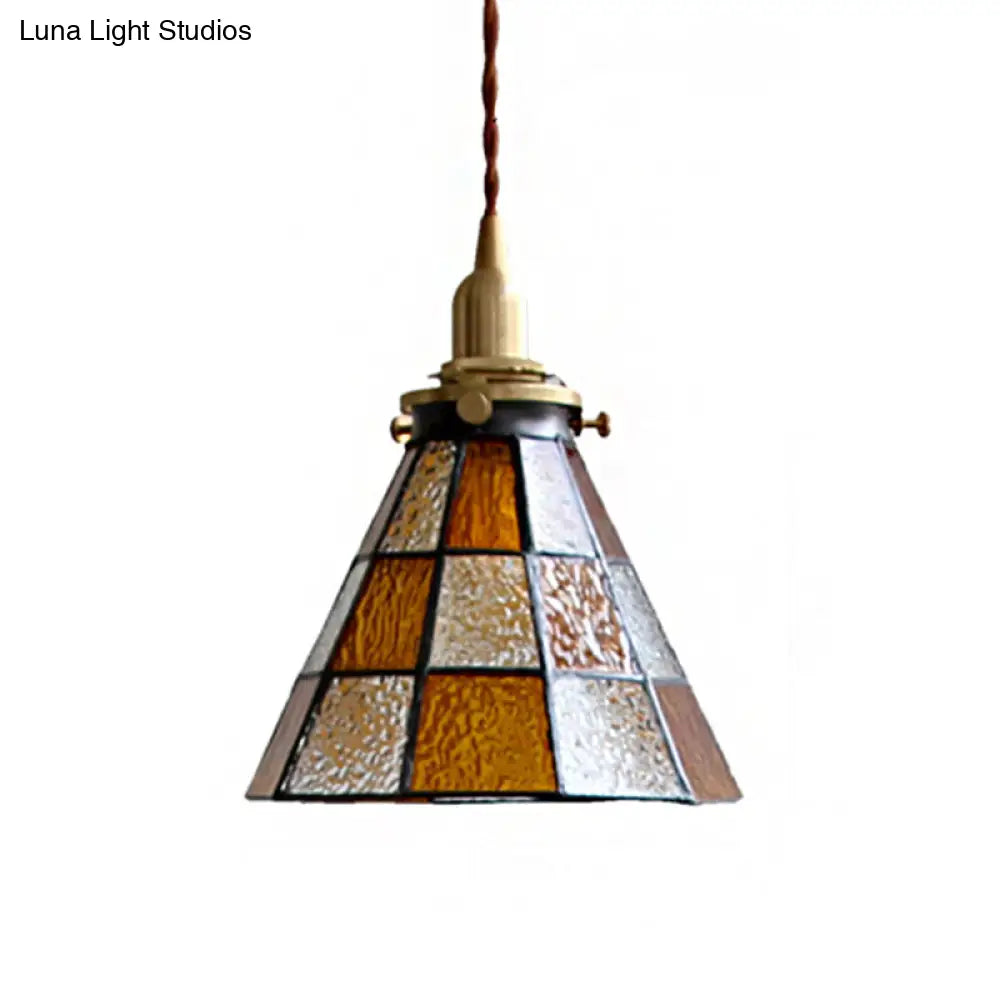 Coastal Checkered Pendant Lamp - Clear and Brown Mosaic Glass, Brass Finish