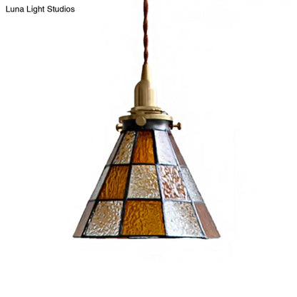 Coastal Checkered Pendant Lamp - Clear and Brown Mosaic Glass, Brass Finish