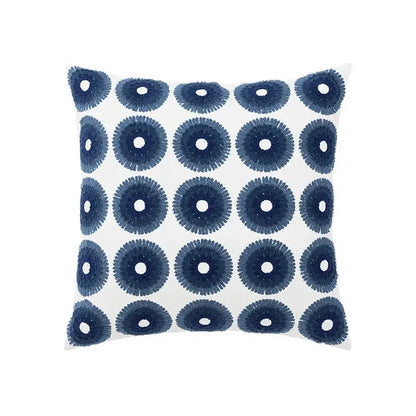 White throw pillow with navy blue embroidered circular patterns coastal chic cushion cover for living room decorbites coastal chic