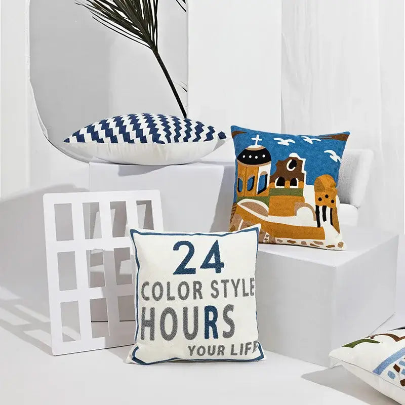 White cushion cover with navy blue and gray text 24 color style hours your life for coastal chic decorbites coastal chic living room