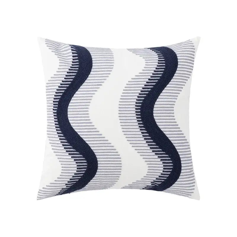 White throw pillow cushion cover with bold navy blue and gray wavy embroidery coastal chic decorbites style