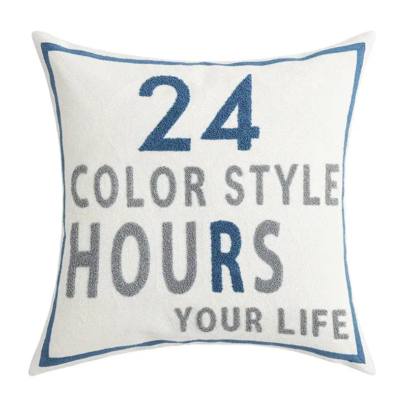 White throw pillow cushion cover with embroidered blue and gray text and navy border coastal chic decorbites coastal chic