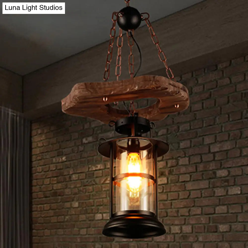 Coastal Clear Glass Cylindrical Wood Pendant Light - Ideal for Restaurants